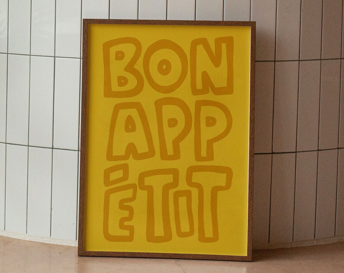 Bon Appetit Retro Yellow Lettering Kitchen French Quote Art Poster