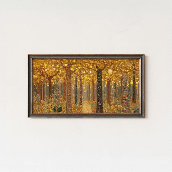 Klimt Inspired Golden Forest Art Print Shimmering Autumn Landscape