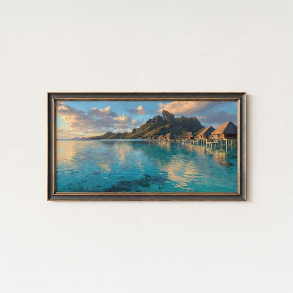 Bora Bora Overwater Bungalows Sunset Lagoon Tropical Painting Poster