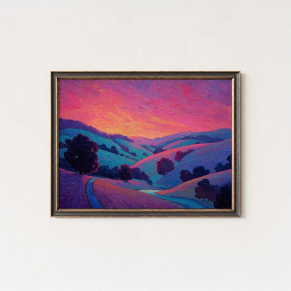 Fauvist Sunset Landscape Painting Expressionist Rolling Hills Wall Art Print