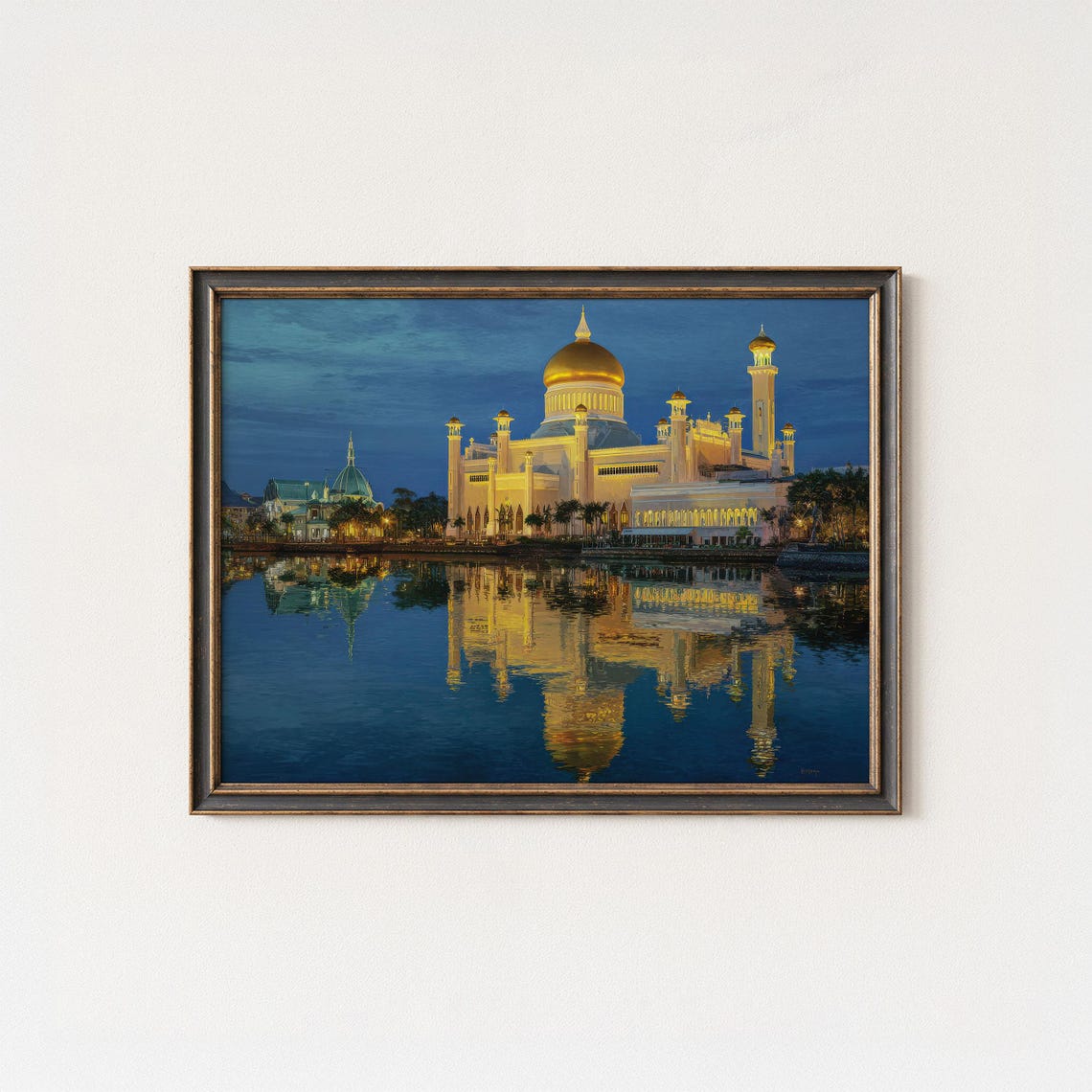 Illuminated Golden Dome Mosque at Night Water Reflection Brunei Poster
