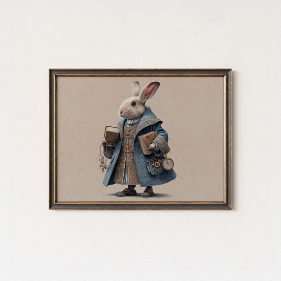 Victorian Rabbit Scholar Wall Art Print Steampunk Aristocratic Bunny With Books And Pocket Watch Whimsical Animal Decor