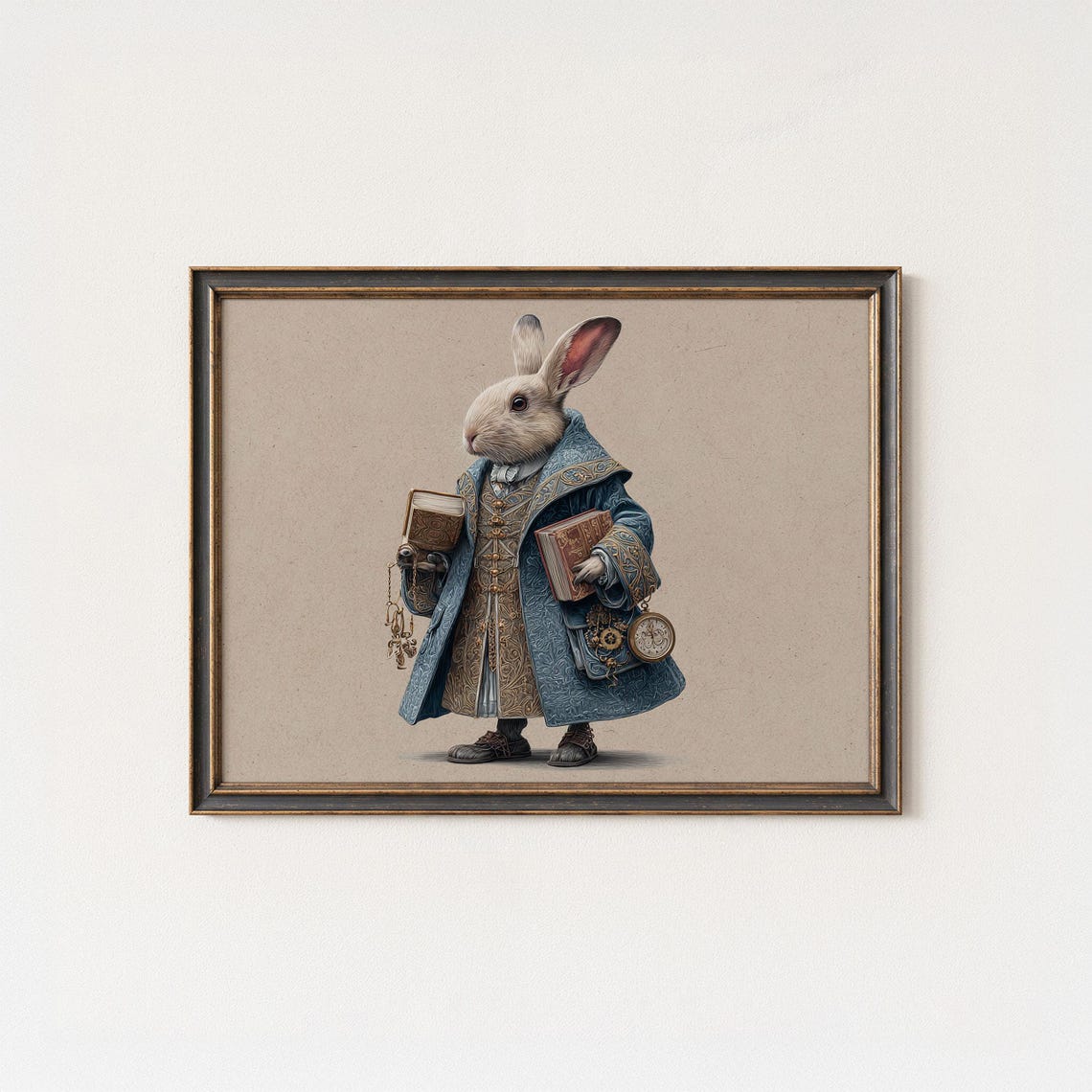 Steampunk Scholar Rabbit Blue Brocade Books Pocket Watch Poster