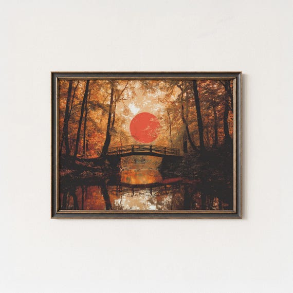 Autumn Forest Wall Art Print Golden Fall Trees With Red Sun And Wooden Bridge Japanese Inspired Nature Landscape Decor