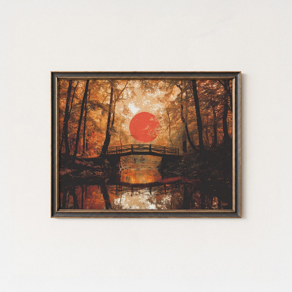 Autumn Forest Golden Red Sun Wooden Bridge Japanese Style Poster