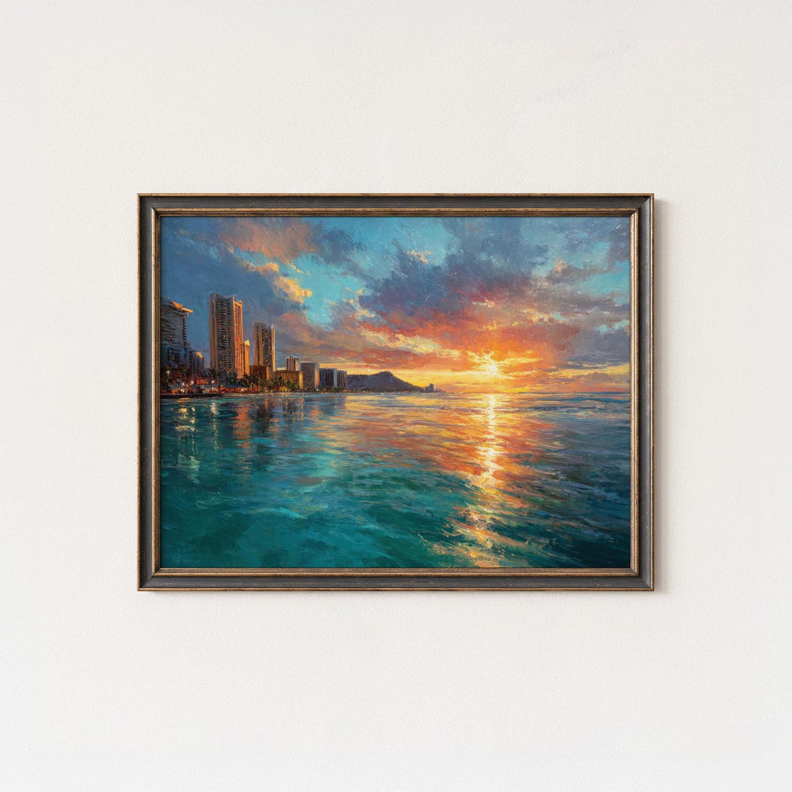 Waikiki Sunset Honolulu Skyline Diamond Head Ocean View Poster