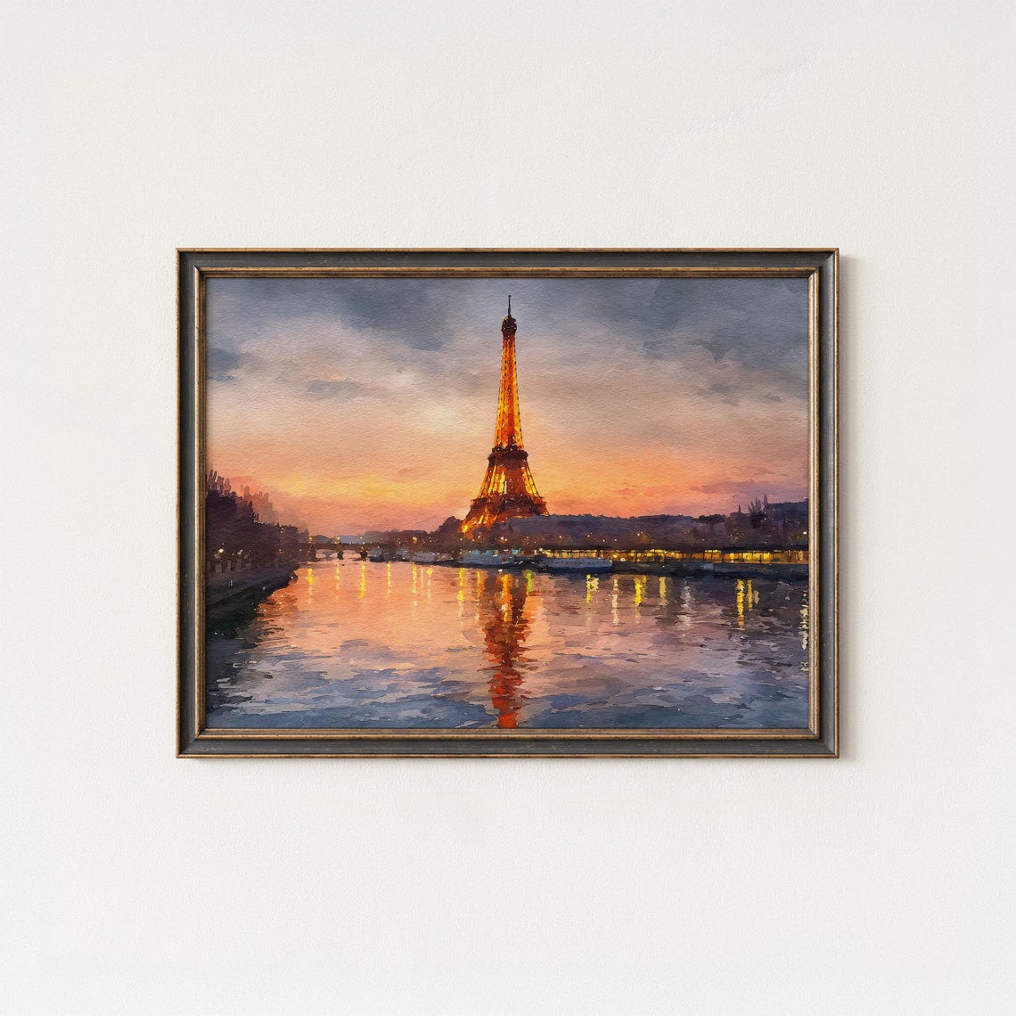 Paris Eiffel Tower Sunset Seine Reflection Watercolor Art Poster