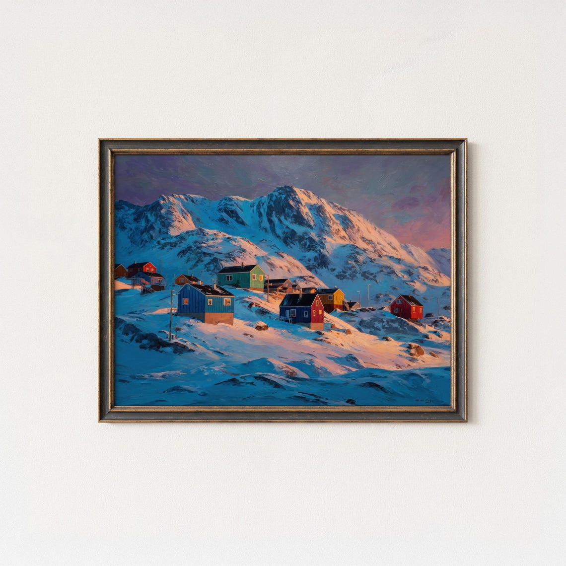 Colorful Arctic Cabins Snowy Valley Pink Mountain Sunset Art Poster