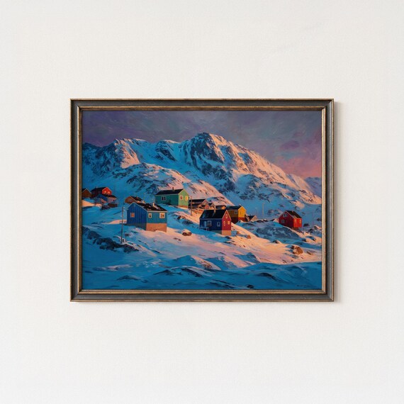 Colorful Arctic Cabins Snowy Valley Pink Mountain Sunset Art Poster
