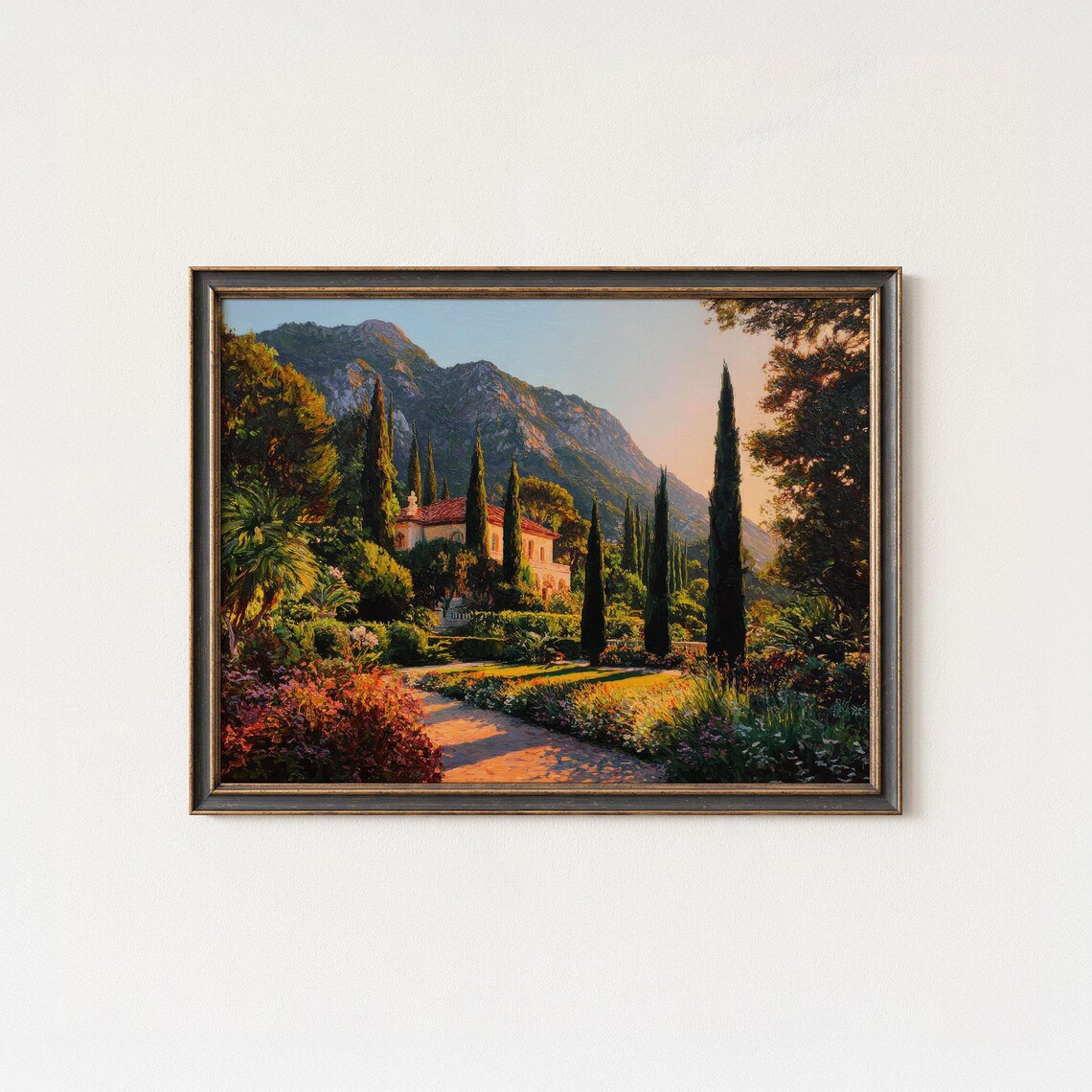 Tuscan Villa Cypress Garden Mountain Sunset Oil Painting Poster