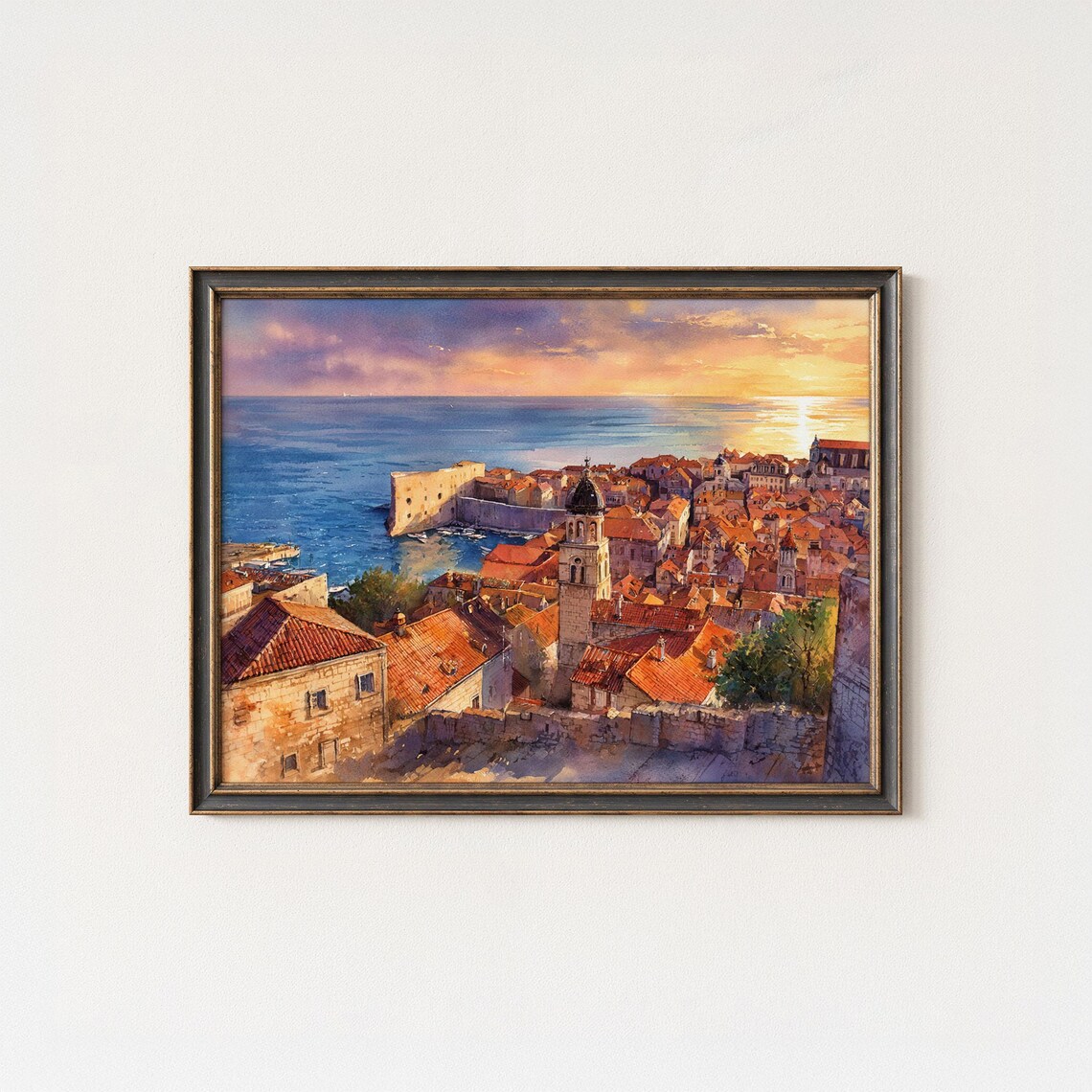 Dubrovnik Croatia Old Town Sunset Watercolor Cityscape Poster