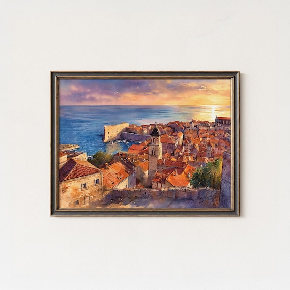Dubrovnik Croatia Wall Art Watercolor Cityscape Print Old Town Sunset Painting Mediterranean Coastal Decor