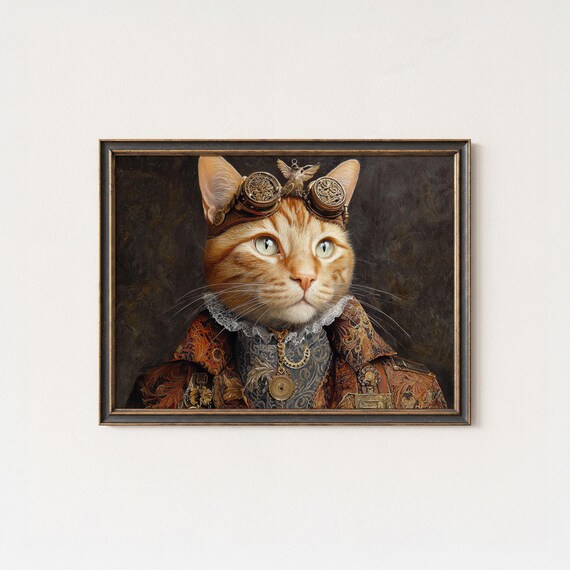 Steampunk Orange Tabby Cat Goggles Victorian Portrait Art Poster