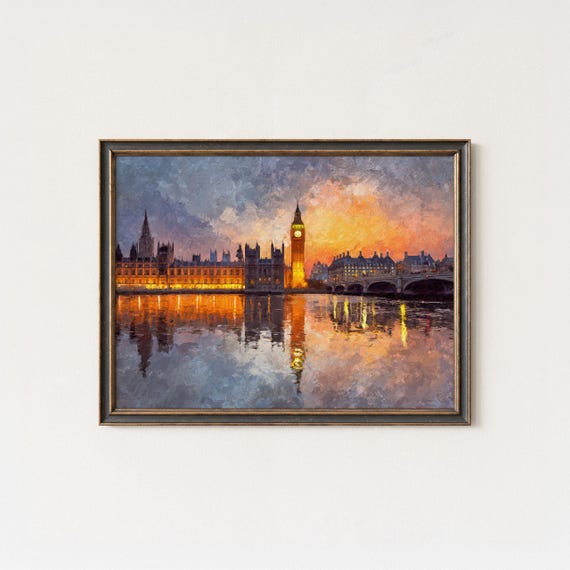 Big Ben Sunset Art Print, London Oil Painting