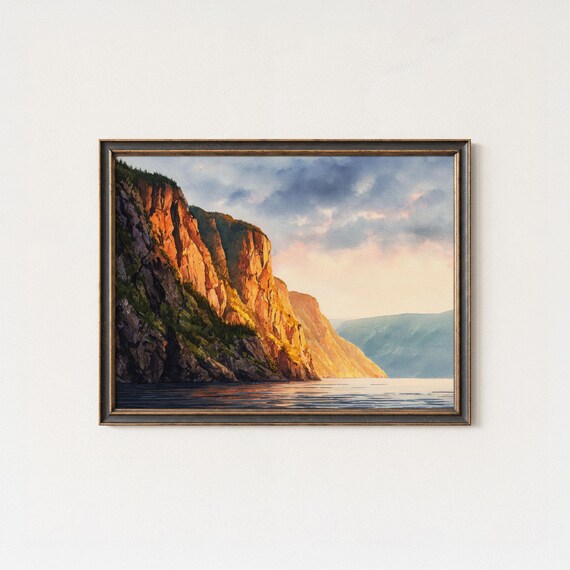 Dramatic Coastal Cliffs Sunset Ocean Fjord Painting Art Poster