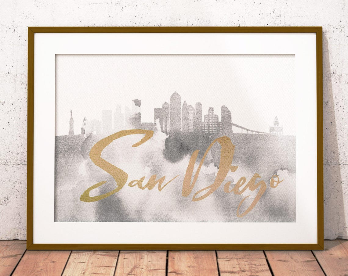 San Diego Gold Foil Script Grayscale Watercolor Skyline Art Poster