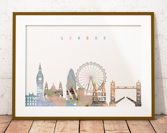 London England Watercolor Skyline Landmarks Cityscape Poster