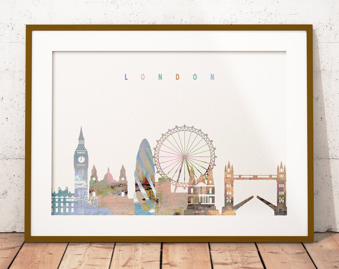 London England Watercolor Skyline Landmarks Cityscape Poster