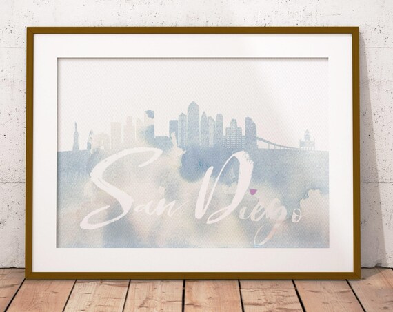 San Diego Watercolor Skyline White Script Pink Heart Modern Poster