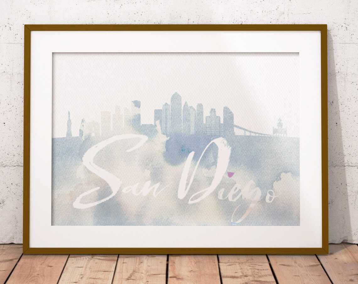 San Diego Watercolor Skyline White Script Pink Heart Modern Poster