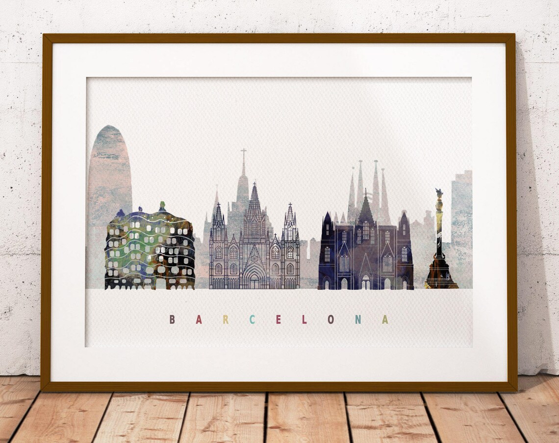 Barcelona Spain Watercolor Skyline Sagrada Familia Gaudi Art Poster