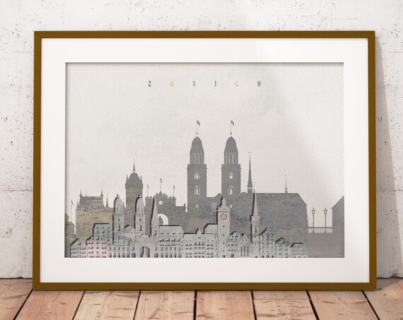 Zurich Switzerland Grayscale Skyline Watercolor Minimal Art Poster