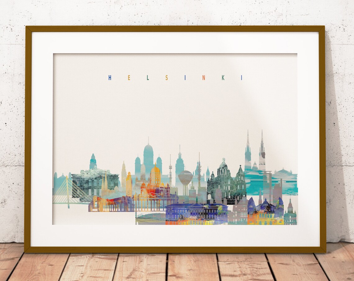 Helsinki Finland Colorful Watercolor Cathedral Skyline Art Poster