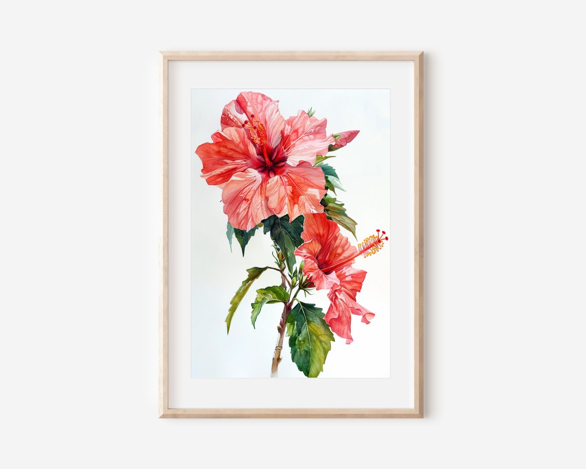 Red Hibiscus Flower Branch Watercolor Botanical Tropical Wall Poster - Image 2