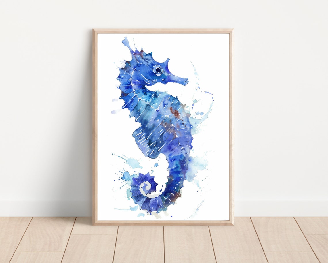 Blue Seahorse Watercolor Splash Art Ocean Sea Animal Wall Poster Print