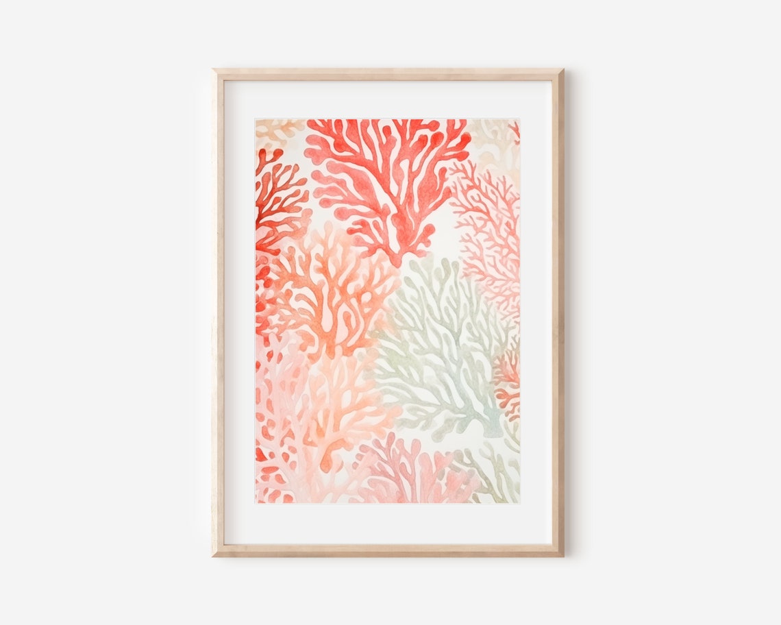 Coral Watercolor Branches Pattern Ocean Boho Coastal Wall Art Poster