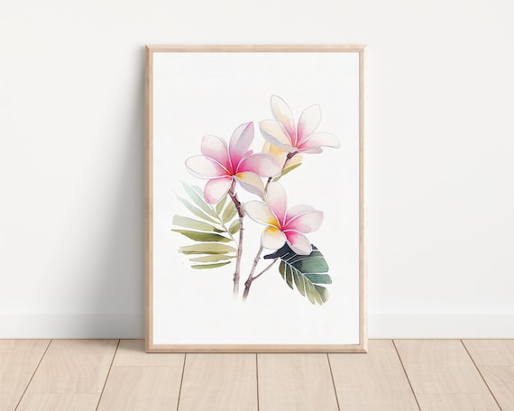Plumeria Watercolor Art Print, Hawaii Boho Decor