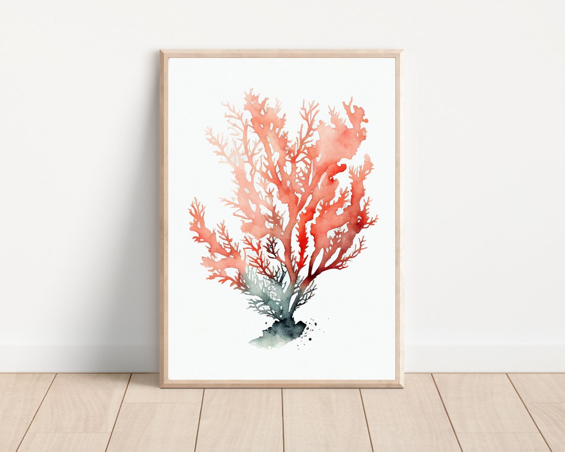 Red Coral Branch Watercolor Minimalist Coastal Nautical Wall Poster