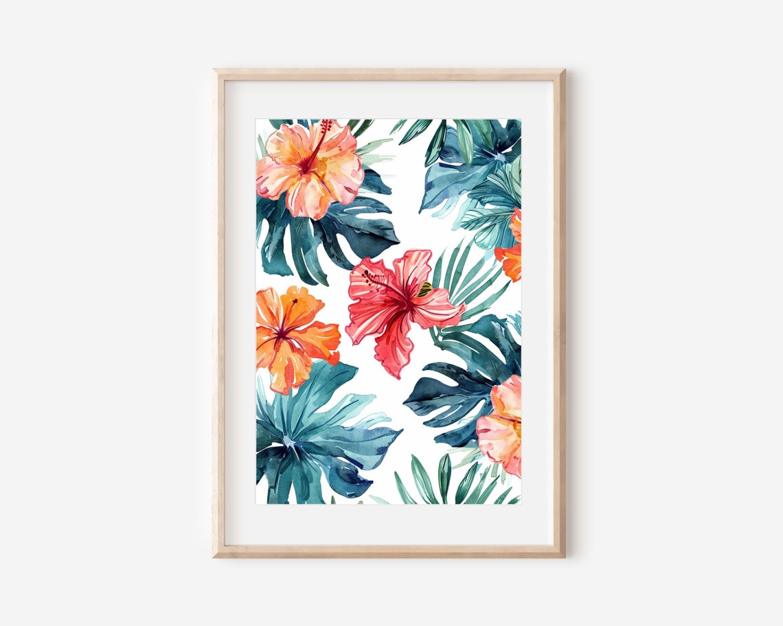 Hawaiian Hibiscus Tropical Flower Pattern Watercolor Wall Art Poster
