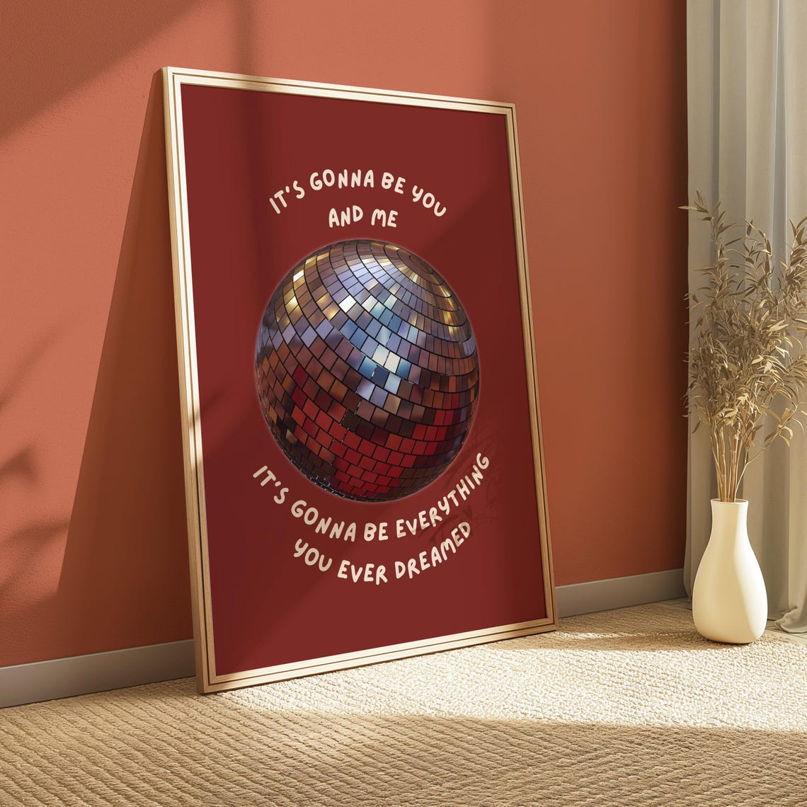 Red Disco Ball Retro Song Lyric on Rich Burgundy Background Poster
