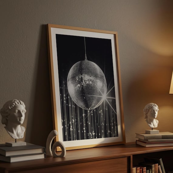 Disco Ball Sparkle Black White Retro Dance Party Photo Poster