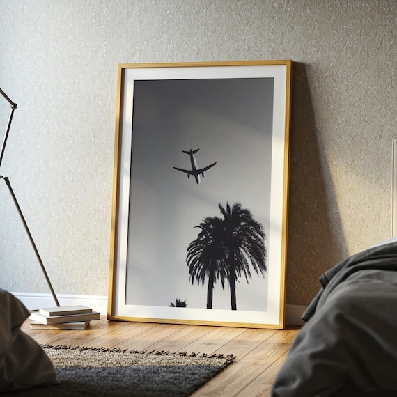 Airplane Silhouette Above Palm Trees Black White Photo Poster