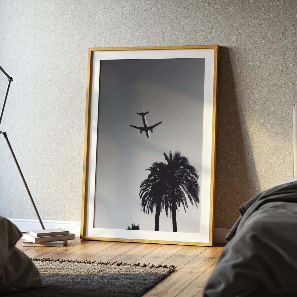 Airplane Silhouette Above Palm Trees Black White Photo Poster