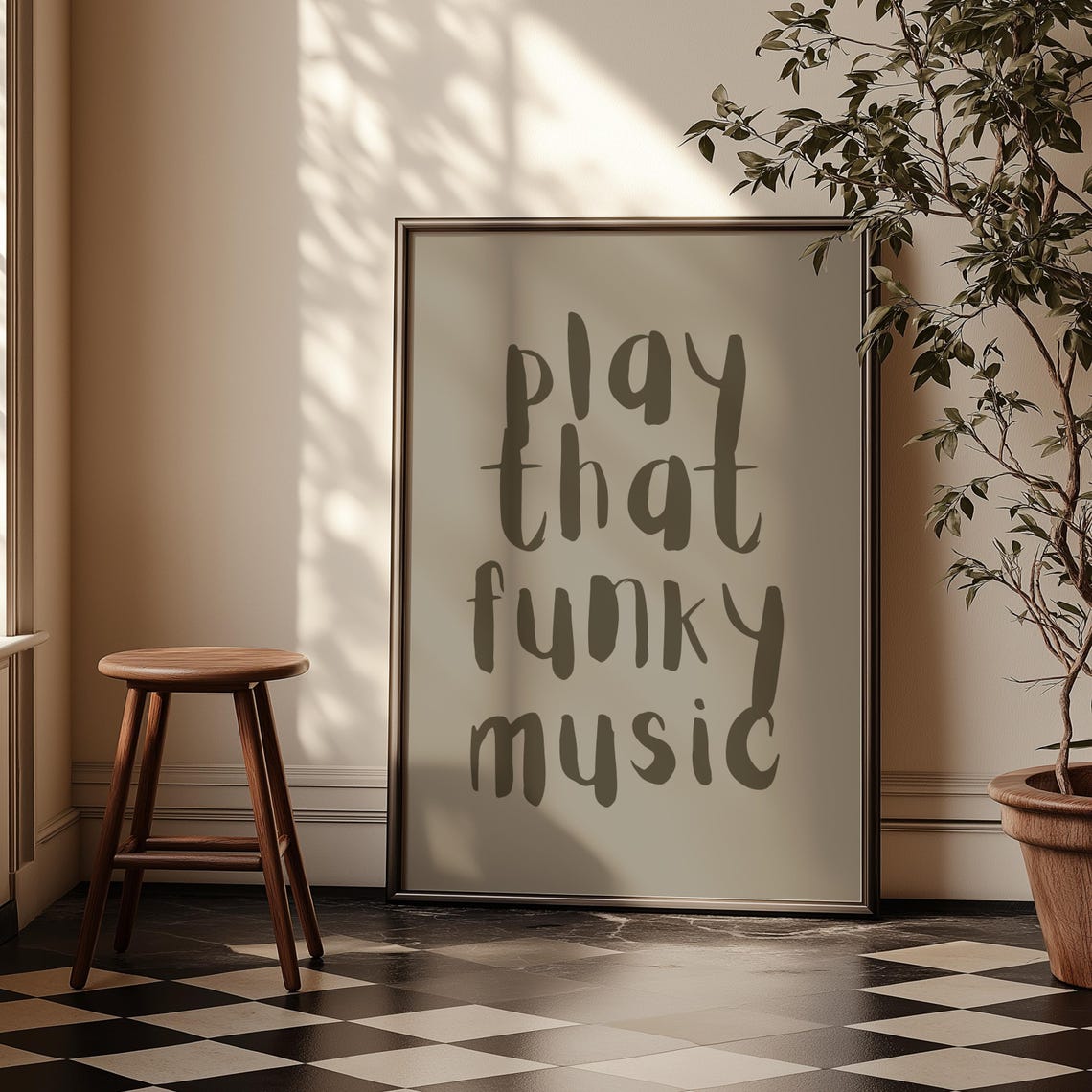 Play That Funky Music Khaki Script Typography Retro Wall Decor Poster