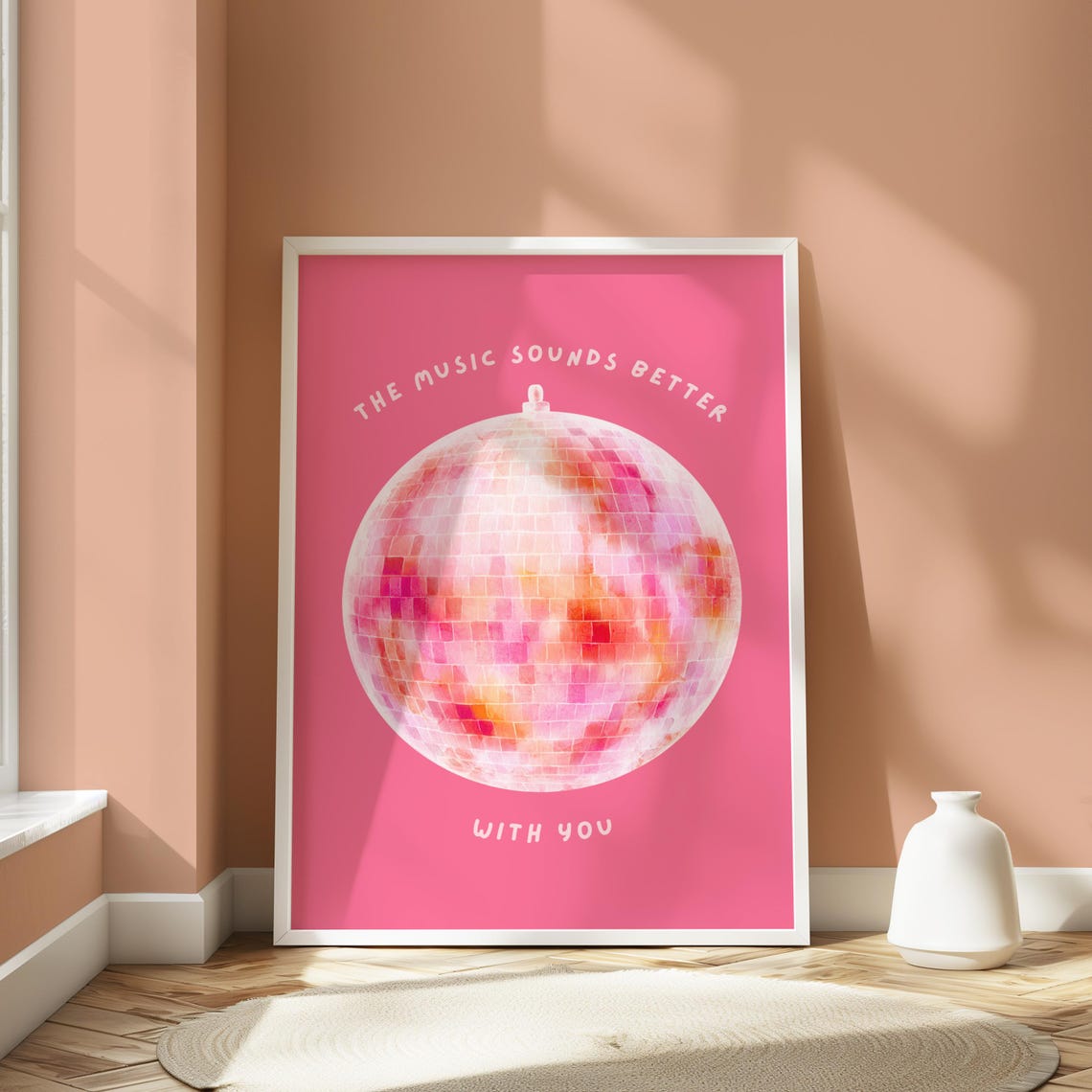 The Music Sounds Better With You Pink Disco Ball Wall Print Ibiza House Cherries