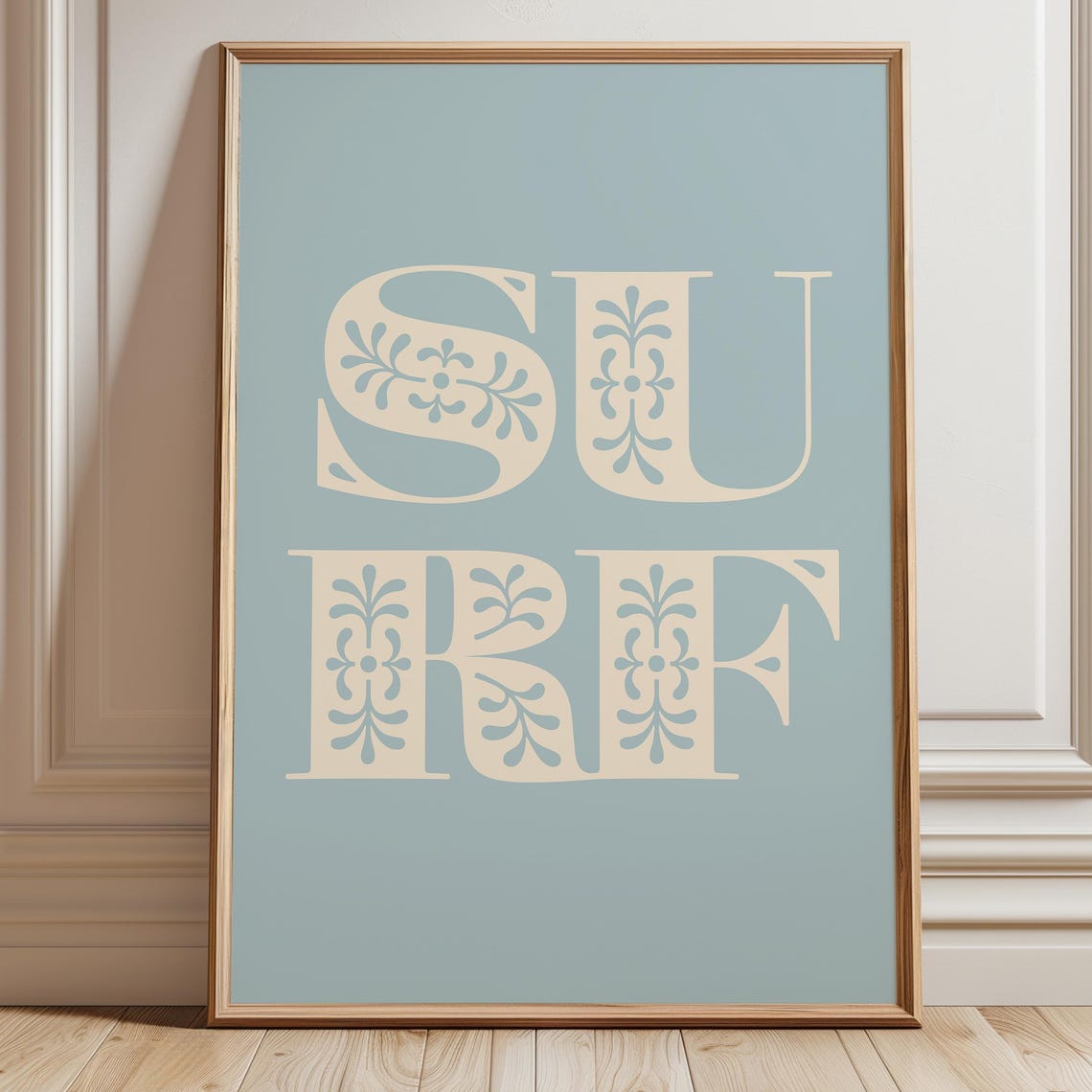 Surf Retro Typography Poster Cream Floral Letters On Soft Sage Blue