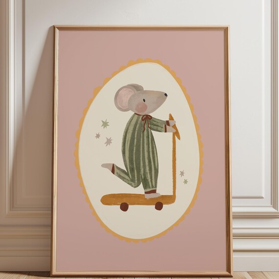 Cute Mouse Riding a Scooter in Striped Pajamas Kids Nursery Poster