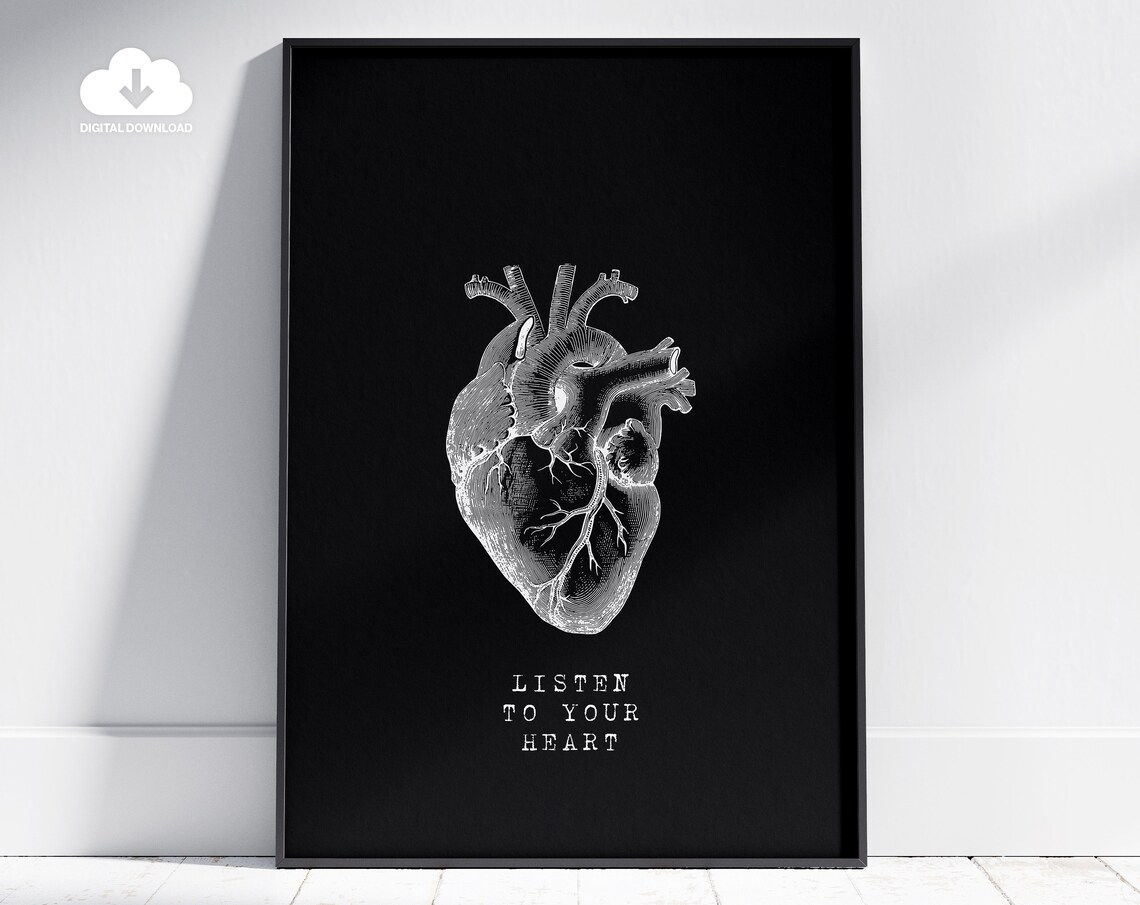 Listen to Your Heart Anatomical Heart Black Monochrome Quote Poster