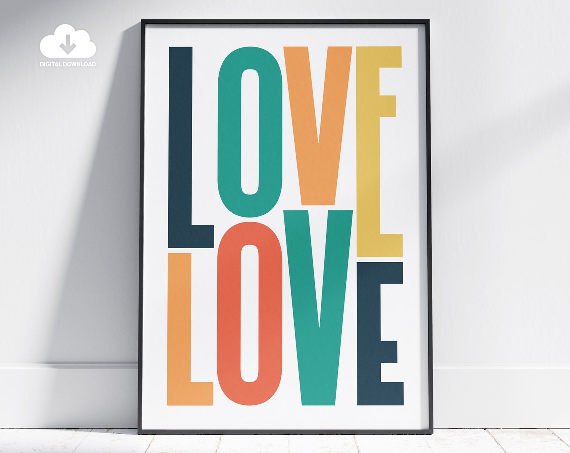 Colorful Stacked Love Typography Mid Century Modern Wall Poster
