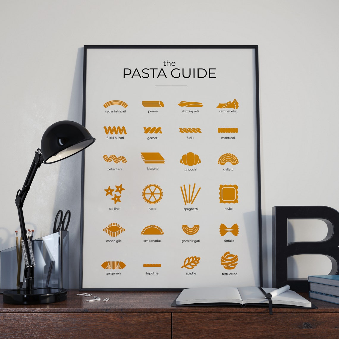 The Pasta Guide Minimalist Orange Pasta Shapes Chart Wall Poster - Image 2