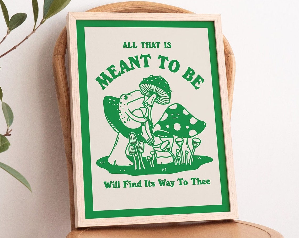 Cute Frog Wall Print Art Mushroom Decor Retro Wall Decor Cute House Gift Prints Emerald Green