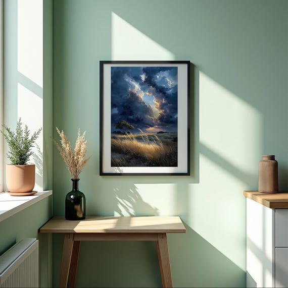 Golden Field At Dusk Dramatic Cloudscape Landscape Painting Print Moody Sunset Nature Wall Art