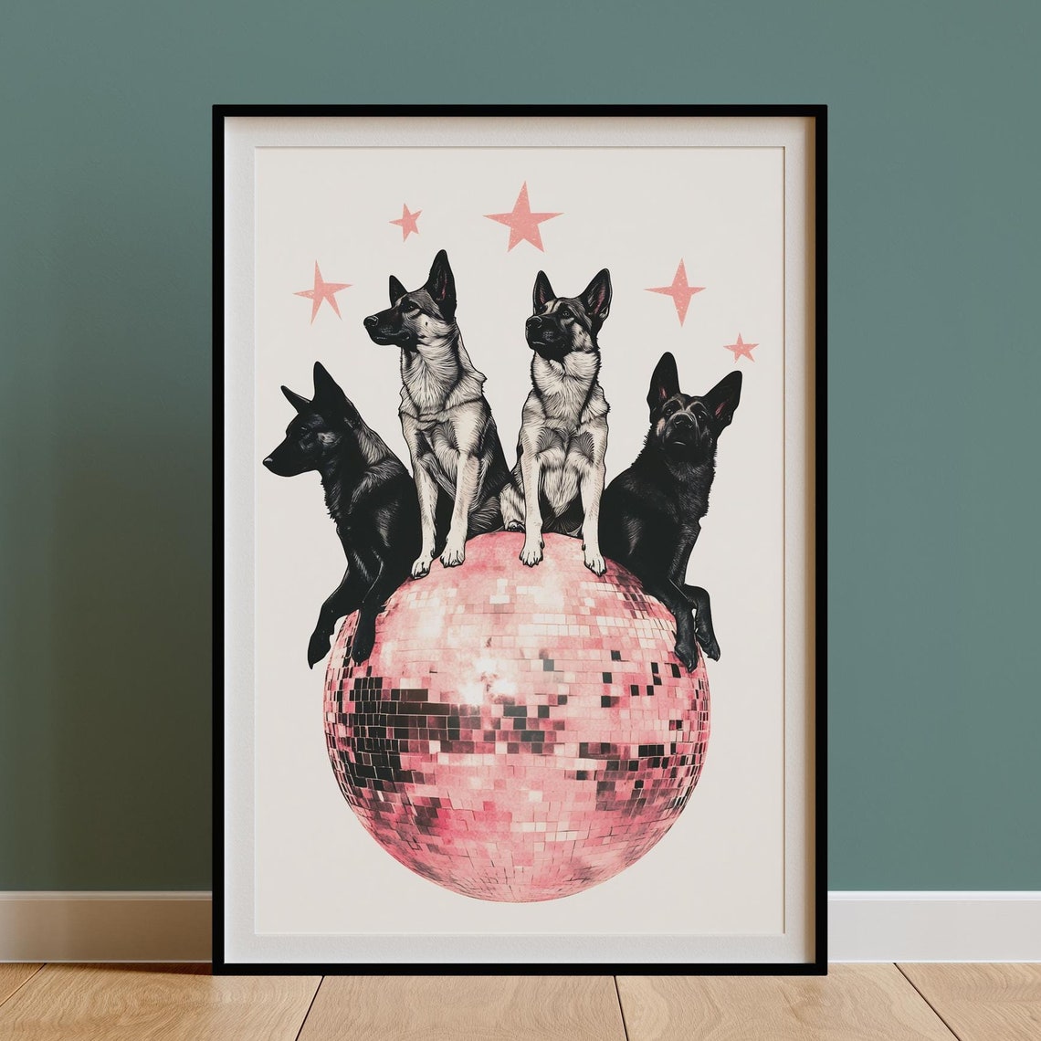 German Shepherd Quartet Posing on a Pink Disco Ball Retro Poster