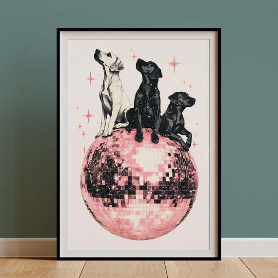 Labrador Trio Stargazing Atop a Pink Disco Ball Night Sky Poster