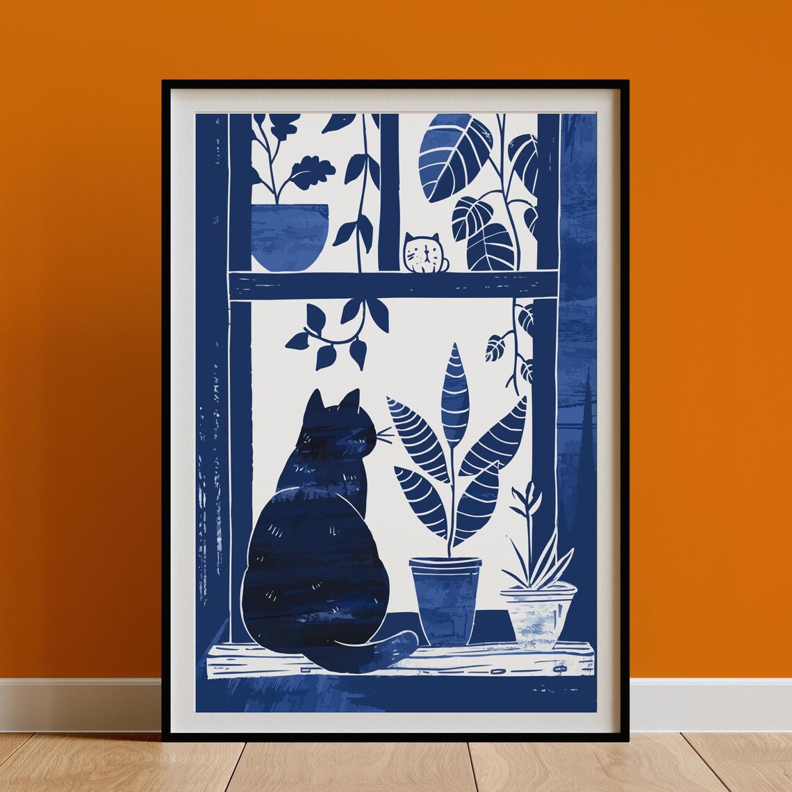 Retro Black Cat Line Art Vintage Linocut Poster