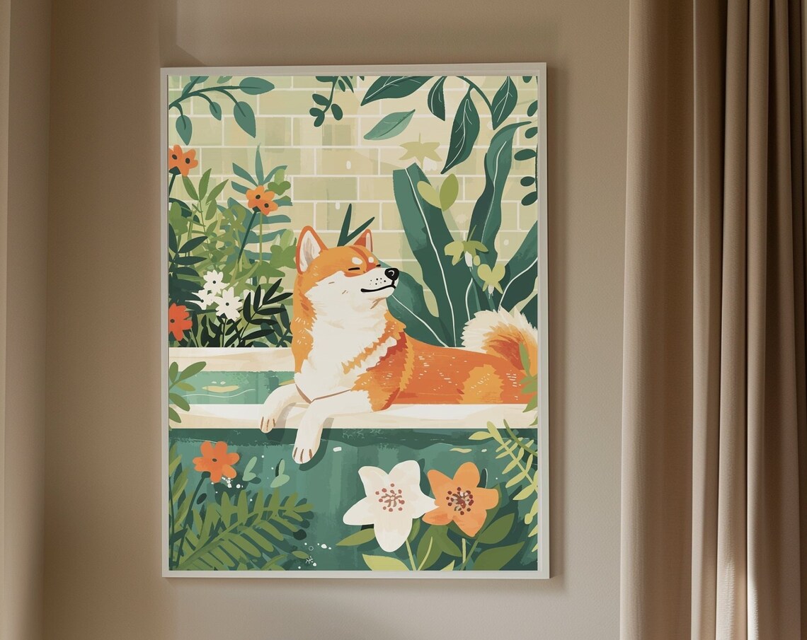 Shiba Inu Bathtub Botanical Brick Tile Japanese Style Dog Poster - Image 4